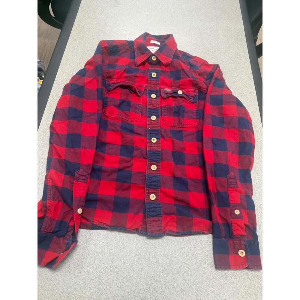 Abercrombie & Fitch Mens Muscle Fit Flannel Shirt Red Navy Buffalo Plaid Medium
